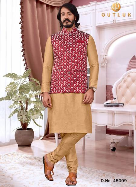 Cream Colour Party Wear Art Silk Jacquard Print Kurta Pajama With Jacket Mens Collection 45009